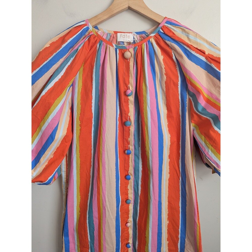 FATE Rainbow Stripe Balloon Sleeve A-line Dress Cotton Mini S Colorful Boho Fun - Picture 4 of 14